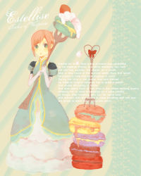 Rule 34 | 00s, 1girl, :o, bad id, bad pixiv id, blue eyes, character name, conoha, copyright name, dress, english text, estellise sidos heurassein, food, fork, formal, gloves, official alternate costume, pink hair, short hair, solo, sweets, tales of (series), tales of vesperia