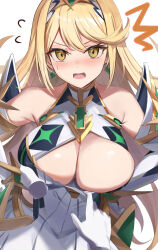 Rule 34 | 1girl, 1other, blonde hair, blush, breasts, clothes pull, commentary request, detached sleeves, disembodied hand, earrings, flying sweatdrops, gloves, gold hairband, gold trim, hairband, hands on own hips, jewelry, large breasts, long hair, mythra (xenoblade), open mouth, paid reward available, pov, pov hands, pulling another&#039;s clothes, shirt pull, sweatdrop, tomas (kaosu22), white gloves, xenoblade chronicles (series), xenoblade chronicles 2