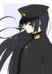Rule 34 | 10s, 1girl, commentary request, female admiral (kancolle), from side, hair between eyes, hair over shoulder, hat, highres, kantai collection, long hair, looking at viewer, military, military hat, military uniform, niwatazumi, open mouth, peaked cap, red eyes, sidelocks, solo, tatebayashi sakurako, uniform