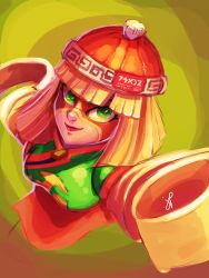Rule 34 | 1girl, @ @, arms (game), beanie, blunt bangs, blunt ends, breasts, domino mask, green eyes, green shirt, hat, incoming attack, incoming punch, knit hat, large breasts, lips, lipstick, looking at viewer, looking up, makeup, mandarin collar, mask, min min (arms), multicolored clothes, multicolored hat, nose, orange hat, print headwear, punching, red lips, shiny skin, shirt, short hair, simple background, smirk, solo, upper body, v-shaped eyebrows, xxsuperjazzxx, yellow theme, zipper, zipper pull tab