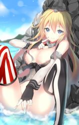 Rule 34 | 10s, 1girl, areola slip, blonde hair, blue eyes, bottomless, breasts, cleavage, convenient censoring, covering privates, covering crotch, garter straps, gloves, highres, iowa (kancolle), jirasak santhaweesuk, kantai collection, large breasts, leaning back, long hair, rock, sitting, solo, star-shaped pupils, star (symbol), symbol-shaped pupils, thighhighs, water