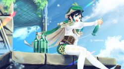 Rule 34 | 1boy, androgynous, aoitorix, beret, black hair, blue hair, bottle, braid, cape, cloud, cloudy sky, corset, dandelion seed, day, frilled sleeves, frills, genshin impact, gradient hair, green eyes, green hat, green shorts, hat, highres, holding, holding bottle, leaf, long sleeves, looking afar, male focus, multicolored hair, open mouth, outdoors, pantyhose, shirt, shoes, short hair with long locks, shorts, sitting, sky, smile, solo, twin braids, venti (genshin impact), white pantyhose, white shirt, wine bottle