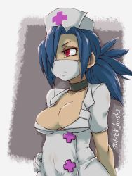 Rule 34 | 1girl, blue hair, border, breasts, choker, cleavage, collarbone, covered navel, eyepatch, gloves, grey background, hair over one eye, hand on own hip, hat, highres, large breasts, latex, latex gloves, mask, mouth mask, mtk hoshi, nurse cap, ponytail, red eyes, skullgirls, solo, surgical mask, upper body, valentine (skullgirls), white border