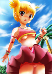 Rule 34 | 1girl, bare shoulders, bird, blonde hair, blush, breasts, clothes lift, cloud, day, jewelry, lola, lola (pangya), medium breasts, midriff, necklace, no panties, open mouth, outdoors, palm tree, pangya, pussy, red eyes, short hair, skirt, skirt lift, sky, solo, standing, sweat, tree, uncensored, underboob, wind, wind lift