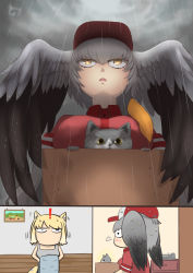 Rule 34 | !, 10s, 2girls, 2koma, puff of air, alternate costume, animal ears, bare arms, bare shoulders, baseball cap, bird wings, black wings, blonde hair, box, camisole, cardboard box, cat, chibi, cloud, cloudy sky, collared shirt, comic, commentary, contemporary, drawing (object), feathered wings, fox ears, fox tail, from below, grey hair, grey wings, hair between eyes, hat, head wings, holding, holding towel, indoors, japari bus, japari symbol, jitome, john (a2556349), kemono friends, long hair, looking afar, looking at another, low ponytail, multicolored hair, multicolored wings, multiple girls, open mouth, orange hair, outdoors, phone, rain, shirt, shoebill (kemono friends), short hair, short sleeves, side ponytail, silent comic, sky, spread wings, sweat, tail, tibetan fox (kemono friends), towel, wet, wet hair, wet wings, wings, yellow eyes