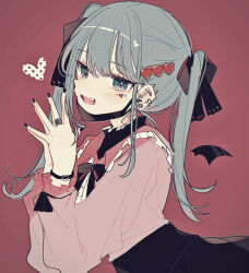 Rule 34 | 1girl, aqua eyes, aqua hair, bandaid, bandaid on neck, bat wings, black bracelet, black mask, black nails, black ribbon, black skirt, black wings, blush, bracelet, bright pupils, commentary, ear piercing, facial mark, fang, frilled shirt, frills, hair ornament, hair ribbon, hatsune miku, heart, heart hair ornament, jewelry, kino-cands, light smile, long hair, long sleeves, looking at viewer, mask, mini wings, mouth mask, open mouth, own hands together, piercing, pink shirt, red background, ribbon, shirt, single wing, skirt, solo, spiked ear piercing, teeth, turtleneck, twintails, upper teeth only, vampire (vocaloid), vocaloid, white pupils, wings