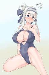 Rule 34 | 1girl, absurdres, aqua background, blue eyes, blue hair, blue one-piece swimsuit, breasts, casual one-piece swimsuit, center opening, cover, folded ponytail, gradient background, hair between eyes, headband, highres, kamoi (kancolle), kantai collection, large breasts, maru (marg0613), one-piece swimsuit, sitting, solo, swimsuit, thick eyebrows, two-tone background, white hair, yellow background