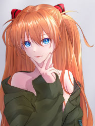 Rule 34 | 1girl, artist request, blue eyes, breasts, brown hair, fingernails, grey background, hair ornament, highres, jacket, long hair, looking at viewer, naked jacket, neon genesis evangelion, shiny skin, simple background, smile, solo, souryuu asuka langley, two side up, upper body, very long hair