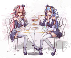 Rule 34 | 2girls, :q, arm belt, azur lane, bare shoulders, blue dress, blue eyes, blue footwear, blue hair, chair, closed mouth, cookie, covering own mouth, crossed legs, cup, detached sleeves, dress, flower, food, garter straps, hair between eyes, hair flower, hair ornament, hairband, hat, highres, holding, holding food, horns, ikazuchi (azur lane), ikazuchi (sakura tea) (azur lane), inazuma (azur lane), inazuma (vanilla pudding) (azur lane), licking lips, long hair, long sleeves, looking at viewer, mini hat, multiple girls, oni horns, pink hair, pudding, shoes, short dress, sitting, table, teacup, teapot, tetsu (excalibur920), thighhighs, tiered tray, tongue, tongue out, tray, white legwear, yellow eyes