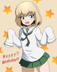 Rule 34 | 10s, 1girl, :d, bad id, bad pixiv id, black neckwear, blue eyes, blush, brown background, commentary request, fang, girls und panzer, green skirt, hair between eyes, hairband, hands up, happy birthday, heart, highres, katyusha (girls und panzer), light brown hair, long sleeves, looking at viewer, mitchi, ooarai school uniform, open mouth, pleated skirt, sailor collar, school uniform, serafuku, shirt, simple background, skirt, sleeves past fingers, sleeves past wrists, smile, solo, star (symbol), starry background, white sailor collar, white shirt