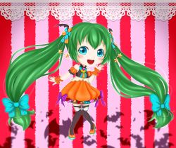 Rule 34 | 1girl, :d, absurdres, bat (animal), bat wings, blue eyes, blush, green hair, hair ribbon, halloween, halloween costume, hatsune miku, highres, looking at viewer, open mouth, pinkisch, ribbon, smile, solo, striped, striped background, thighhighs, wings, zettai ryouiki