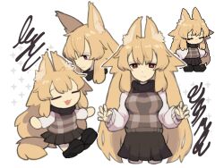 1girl :3 alternate_hair_length alternate_hairstyle animal_ear_fluff animal_ears black_footwear blonde_hair breasts brown_sweater chibi claw_pose closed_eyes closed_mouth commentary_request cropped_legs dark_skin fang hair_flaps hands_up large_breasts long_hair long_sleeves looking_at_viewer multiple_views open_mouth outline pixel_art_inset pleated_skirt red_eyes regurusu_(nagarevosi) shoes skin_fang skirt sweater unusually_open_eyes urotsuki very_long_hair white_background white_outline white_sleeves yume_2kki