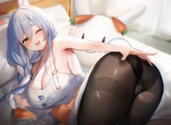 Rule 34 | 1girl, animal ear fluff, animal ears, ass, black pantyhose, blue hair, blush, braid, breasts, cleavage, highres, hololive, large breasts, long hair, maru ccy, mature female, multicolored hair, one eye closed, open mouth, pantyhose, pekomama, rabbit ears, rabbit girl, smile, thick eyebrows, virtual youtuber, white hair