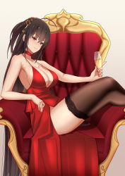 Rule 34 | 1girl, ahoge, azur lane, bare shoulders, black hair, black thighhighs, blush, breasts, chair, champagne flute, choker, cleavage, cocktail dress, commentary request, cup, dress, drinking glass, hair between eyes, hair ornament, highres, holding, holding cup, large breasts, lenxiao, long hair, looking at viewer, official alternate costume, red choker, red dress, red eyes, sitting, smile, solo, taihou (azur lane), taihou (forbidden feast) (azur lane), thighhighs, thighs, very long hair