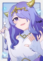 Rule 34 | bug, butterfly, camilla (adrift) (fire emblem), camilla (fire emblem), dress, elbow gloves, fingerless gloves, fire emblem, fire emblem fates, fire emblem heroes, gloves, gold horns, hair over one eye, highres, insect, kanade20207, nintendo, official alternate costume, purple eyes, purple hair, tiara, wavy hair, white dress