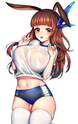 Rule 34 | 1girl, animal ears, blade &amp; soul, blue shorts, blunt bangs, blush, breasts, brown eyes, brown hair, buruma, cowboy shot, feather hair ornament, feathers, fingernails, groin, gym shorts, gym uniform, hair ornament, hands up, highres, large breasts, legs together, long hair, looking at viewer, navel, open mouth, original, pink lips, rewolf, shirt, short sleeves, shorts, simple background, skindentation, solo, standing, teeth, thighhighs, upper teeth only, water drop, white background, white shirt
