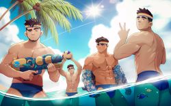 4boys abs ball bara beach beachball beard black_hair blue_male_swimwear chest_hair closed_mouth clothes_pull cloud cloudy_sky day facial_hair fish glasses hands_up hawaiian_shirt headband highres holding holding_ball holding_water_gun large_pectorals light_rays looking_at_viewer male_focus male_swimwear multiple_boys muscular muscular_male navel nerdyart1 nipples original outdoors partially_submerged pectorals shirt shirt_pull short_hair sky summer sun sunbeam sunlight swim_trunks thick_eyebrows thick_thighs thighs v water water_gun