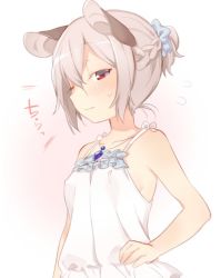 Rule 34 | 1girl, akagashi hagane, alternate costume, alternate hairstyle, animal ears, blush, braid, covered erect nipples, flying sweatdrops, gradient background, grey hair, jewelry, looking at viewer, mouse ears, nazrin, necklace, one eye closed, ponytail, red eyes, shirt, short hair, sleeveless, solo, sweatdrop, text focus, touhou, upper body