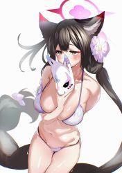Rule 34 | 1girl, absurdres, animal ear fluff, animal ears, bikini, blonde hair, blue archive, blush, breasts, collarbone, cowboy shot, erory6 (ro), flower, fox ears, fox mask, fox tail, hair flower, hair ornament, halo, highres, holding, holding mask, large breasts, long hair, mask, navel, simple background, solo, swimsuit, tail, wakamo (blue archive), wakamo (swimsuit) (blue archive), white background, yellow eyes