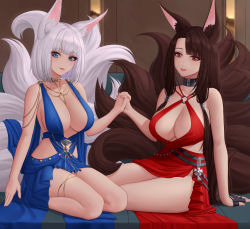 Rule 34 | akagi (azur lane), akagi (ruby-laced beauty) (azur lane), akagi (ruby-laced beauty) (azur lane), alternate costume, animal ears, azur lane, bare shoulders, blue dress, blue eyes, blunt bangs, blush, breasts, brown hair, choker, cleavage, commentary, commentary request, dress, english commentary, fox ears, fox girl, fox tail, gloves, halter dress, halterneck, highres, holding hands, jewelry, kaga (azur lane), kaga (exalted white wings) (azur lane), large breasts, long hair, looking at viewer, mixed-language commentary, multiple girls, multiple tails, necklace, red dress, red eyes, short hair, sidelocks, single glove, sitting, sleeveless, smile, tail, thighs, white hair, zaphn