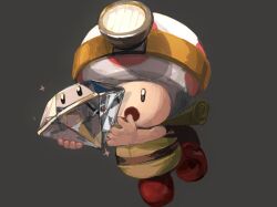 Rule 34 | 1boy, :o, backpack, bag, belt, black eyes, brown bag, brown belt, brown pants, brown shirt, captain toad, captain toad: treasure tracker, commentary, full body, gem, grey background, headlamp, highres, male focus, mario (series), nintendo, open mouth, pants, red footwear, rinabee (rinabele0120), scroll, shirt, shoes, simple background, sleeveless, sleeveless shirt, solo, sparkle, super gem, symbol-only commentary, toad (mario)