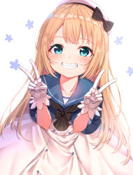 Rule 34 | 1girl, absurdres, black bow, blonde hair, blue eyes, blue sailor collar, blush, bow, buttons, collarbone, double v, dress, gloves, grin, hands up, hat, highres, jervis (kancolle), kantai collection, long hair, looking at viewer, sailor collar, sailor dress, sailor hat, short sleeves, simple background, smile, solo, teeth, upper body, v, white background, white dress, white gloves, white hat, xue lu