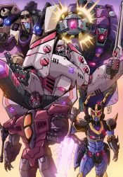 Rule 34 | 1girl, 4boys, absurdres, arm cannon, blackarachnia, blitzwing, clenched hands, commentary, decepticon, english commentary, extra eyes, glowing, glowing eyes, highres, holding, holding sword, holding weapon, insignia, lextodrawstuff, lugnut (transformers), mecha, megatron, multiple boys, no humans, open hands, open mouth, pointing, red eyes, robot, shoulder cannon, starscream, sword, transformers, transformers animated, weapon