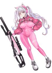 Rule 34 | 1girl, absurdres, alice (nikke), animal ear headphones, animal ears, bodysuit, breasts, contrapposto, covered navel, cropped jacket, fake animal ears, gloves, goddess of victory: nikke, grey hair, gun, hand on own hip, headphones, headset, highres, holding, holding weapon, impossible bodysuit, impossible clothes, jacket, large breasts, latex, latex bodysuit, long hair, pigeon-toed, pink bodysuit, pink eyes, pink gloves, pink jacket, puffy sleeves, rifle, shoes, sidelocks, simple background, skin tight, sneakers, sniper rifle, socks, solo, torry (pixiv 42475312), twintails, two-tone gloves, weapon, white background, white footwear, white gloves, white socks