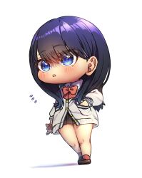 Rule 34 | 1girl, :o, arm at side, black hair, black skirt, blue eyes, blush, bow, bowtie, brown footwear, cardigan, chibi, collared shirt, commentary, flying sweatdrops, full body, gridman universe, hair between eyes, hand in pocket, harumina mau, highres, loafers, long hair, long sleeves, looking afar, looking ahead, miniskirt, orange scrunchie, parted lips, pleated skirt, red bow, red bowtie, red socks, school uniform, scrunchie, shadow, shirt, shoes, simple background, skirt, socks, solo, ssss.gridman, standing, takarada rikka, white background, white cardigan, white shirt, wrist scrunchie