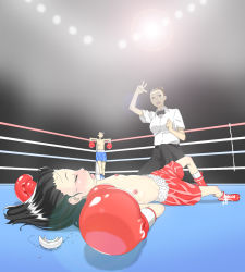 Rule 34 | 3girls, black hair, blush, boots, boxing, boxing gloves, boxing ring, closed eyes, defeat, drooling, fighting, flat chest, highres, lying, mouth guard, multiple girls, nipples, on back, original, referee, ribs, saliva, seriomaster, short hair, shorts, standing, tears, topless, unconscious