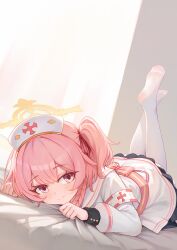 Rule 34 | 1girl, absurdres, bed sheet, blue archive, blush, bow, closed mouth, curtains, dress, eyebrows hidden by hair, hair ribbon, halo, hat, highres, legs up, linhangwei, long sleeves, looking at viewer, lying, no shoes, nurse cap, on bed, on stomach, pantyhose, pink bow, pink eyes, pink hair, pleated skirt, red ribbon, ribbon, sailor collar, serina (blue archive), skirt, smile, soles, solo, twintails, white pantyhose, yellow halo