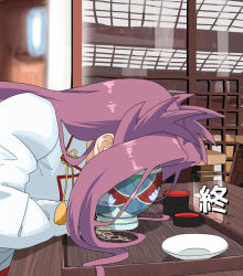 Rule 34 | 10s, 1girl, blouse, bowl, chair, covered face, cup, drinking glass, food, indoors, japanese clothes, jun&#039;you (kancolle), kantai collection, kozou (rifa), long hair, long sleeves, photo-referenced, plate, purple hair, shirt, sleeping, solo, spiked hair, table, translated, window