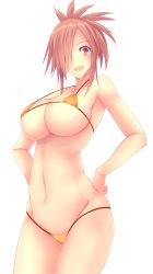 Rule 34 | 1girl, :d, azanami (pso2), bikini, breasts, cowboy shot, groin, hair over one eye, hands on own hips, highres, large breasts, long hair, looking at viewer, micro bikini, navel, open mouth, phantasy star, phantasy star online 2, ponytail, red eyes, red hair, shade, simple background, smile, solo, strap gap, string bikini, sukage, swimsuit, underboob, white background, yellow bikini