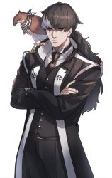 Rule 34 | 1boy, ace attorney, animal, animal on shoulder, bird, black coat, black eyes, black hair, black necktie, black pants, black vest, coat, cowboy shot, crossed arms, feathers, hawk, highres, kuroda matsurika, long hair, long sleeves, looking at viewer, male focus, mouth hold, multicolored hair, necktie, pants, phoenix wright: ace attorney - dual destinies, ponytail, shirt, simon blackquill, simple background, solo, standing, taka (ace attorney), two-tone hair, vest, white background, white hair, white shirt