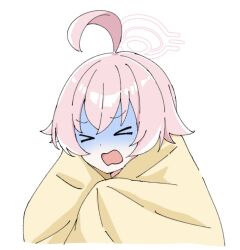 Rule 34 | &gt; &lt;, 1girl, ahoge, blanket, blue archive, chibi, cold, commentary request, covering with blanket, hair between eyes, halo, hoshino (blue archive), open mouth, pink hair, pink halo, sanz zzz, shaded face, simple background, solo, v-shaped eyebrows, wavy hair, white background