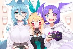 Rule 34 | 3girls, :3, black gloves, black nails, blonde hair, blue eyes, blue hair, blue nails, blue wings, breasts, commentary, controller, dragon girl, dragon tail, elbow gloves, elira pendora, fangs, flower, game controller, girl sandwich, glasses, gloves, green ribbon, hair flower, hair ornament, hair ribbon, hairclip, head wings, heterochromia, high-waist skirt, highres, hood, hoodie, large breasts, long hair, long sleeves, looking at viewer, multicolored hair, multiple girls, nail polish, nijisanji, nijisanji en, open mouth, playing games, pointy ears, pomu rainpuff, purple eyes, purple hair, purple wings, red eyes, ribbon, ricegnat, sandwiched, selen tatsuki, siblings, sisters, skirt, smile, symbol-only commentary, tail, virtual youtuber, wall-eyed, white hair, white hoodie, wings