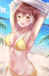 Rule 34 | 1girl, :d, absurdres, ai (sigatutoukaa), armpits, arms up, beach, bikini, blush, breasts, brown hair, halterneck, highres, looking at viewer, medium breasts, navel, open mouth, original, palm tree, shirt, side-tie bikini bottom, smile, solo, swimsuit, tree, undressing, water, wet, wet clothes, wet shirt, yellow bikini, yellow eyes