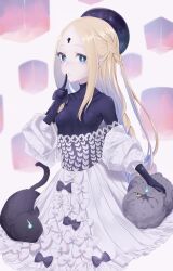 Rule 34 | 1girl, abigail williams (event portrait) (fate), abigail williams (fate), absurdres, black hat, black shirt, blonde hair, blue eyes, bodystocking, braid, braided ponytail, breasts, cat, collarbone, dress, fate/grand order, fate (series), forehead, grey dress, hat, highres, index finger raised, keyhole, kubomi 943, lantern, long hair, long sleeves, looking at viewer, off shoulder, paper lantern, parted bangs, shirt, sidelocks, small breasts, very long hair