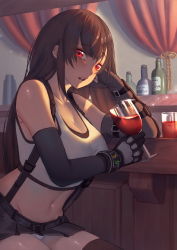 Rule 34 | 1girl, alcohol, bad id, bad pixiv id, bare shoulders, black hair, black skirt, blush, breasts, brown eyes, brown hair, cleavage, commentary request, cup, drinking glass, earrings, elbow gloves, final fantasy, final fantasy vii, fingerless gloves, gloves, highres, holding, holding cup, jewelry, jmao, large breasts, long hair, looking at viewer, low-tied long hair, navel, panties, red eyes, red wine, skirt, solo, suspender skirt, suspenders, tank top, teeth, tifa lockhart, underwear, upper teeth only, white panties, wine, wine glass