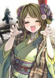Rule 34 | 1girl, :d, ^ ^, absurdres, android, blush stickers, brown hair, claw pose, closed eyes, collarbone, commentary request, facing viewer, fangs, flower, green kimono, hair flower, hair ornament, hands up, highres, japanese clothes, kimono, kuromaru9, long hair, long sleeves, obi, open mouth, original, sash, smile, solo, upper body, water, white background, white flower, wide sleeves, yellow flower