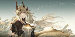 Rule 34 | 1girl, ahoge, arknights, black jacket, black shirt, blonde hair, blurry, blurry background, commentary request, dated, dragon girl, dragon horns, dress, green eyes, highres, horns, jacket, light in heart, lingear, long hair, off shoulder, open mouth, outdoors, reed (arknights), reed the flame shadow (arknights), shirt, solo, turtleneck, upper body, white dress