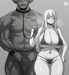 Rule 34 | 1boy, 1girl, abs, artist name, belly, bikini, breasts, captured, chain, clenched hands, clenched teeth, collar, collarbone, cowboy shot, cuffs, elf, fangs, fangs out, fantasy, grey background, greyscale, hair between eyes, hand on own hip, head out of frame, highres, hip focus, huge breasts, jmg, leash, loincloth, long hair, looking to the side, micro bikini, monochrome, muscular, navel, orc, original, pointy ears, shiny skin, sidelocks, simple background, slave, smirk, standing, swimsuit, teeth, thick thighs, thigh gap, thighs, topless male, torn clothes, torn loincloth, tsurime, very long hair