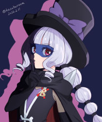 Rule 34 | 1girl, black cape, black hat, blue background, braid, cape, commentary request, dated, delicious party precure, drill hair, finger to mouth, gentlu (precure), haruyama kazunori, hat, index finger raised, long hair, looking at viewer, mask, pink eyes, precure, shushing, simple background, solo, twin drills, twitter username, upper body, white hair