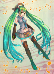 Rule 34 | 1girl, absurdres, bad id, bad pixiv id, boots, detached sleeves, fangxiang cuoluan, full body, green eyes, green hair, groin, hatsune miku, highres, long hair, matching hair/eyes, musical note, nail polish, navel, necktie, open mouth, panties, see-through, see-through skirt, skirt, solo, staff (music), striped clothes, striped panties, thigh boots, thighhighs, twintails, underwear, very long hair, vocaloid
