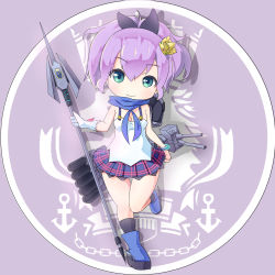 absurdres azur_lane black_legwear boots chibi crown gloves green_eyes highres javelin_(azur_lane) javelin_(spear) lance lukzackjr mini_crown miniskirt polearm purple_hair rigging shirt single_glove skirt sleeveless sleeveless_shirt solo standing standing_on_one_leg weapon white_shirt