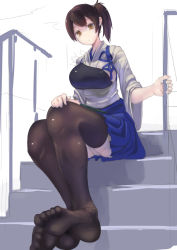 Rule 34 | 10s, 1girl, black thighhighs, breasts, brown hair, feet, japanese clothes, kaga (kancolle), kantai collection, koruse, large breasts, looking at viewer, muneate, no shoes, panties, pantyshot, personification, short hair, side ponytail, sitting, sitting on stairs, sketch, solo, stairs, thighhighs, toes, underwear, yellow eyes