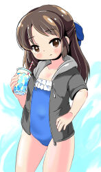 Rule 34 | 1girl, absurdres, blue bow, blue one-piece swimsuit, blush, bow, brown eyes, brown hair, closed mouth, collarbone, commentary request, cup, disposable cup, drawstring, drinking straw, flower in eye, gluteal fold, grey jacket, hair bow, highres, holding, holding cup, hood, hood down, hooded jacket, ice, ice cube, idolmaster, idolmaster cinderella girls, jacket, lemon pan, long hair, looking at viewer, one-piece swimsuit, open clothes, open jacket, parted bangs, short sleeves, solo, swimsuit, swimsuit under clothes, symbol in eye, tachibana arisu