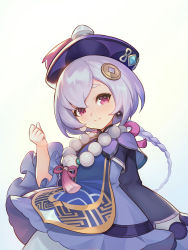 Rule 34 | 1girl, bead necklace, beads, coin hair ornament, dress, earrings, genshin impact, hair between eyes, hair ornament, hat, highres, jewelry, looking at viewer, necklace, purple dress, purple eyes, purple hair, qingdai guanmao, qiqi (genshin impact), simple background, solo, white background, wide sleeves, zhuconyun