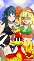 Rule 34 | 2girls, arms (game), banjo-kazooie, bikini, bird, blonde hair, blue eyes, blue hair, blue sky, blush, breasts, byleth (female) (fire emblem), byleth (fire emblem), cleavage, cone, day, fire emblem, fire emblem: three houses, food, green eyes, grin, hand on own hip, hand up, happy, hat, ice cream, kazooie (banjo-kazooie), long hair, looking at viewer, mask, min min (arms), multiple girls, nintendo, open mouth, shiny skin, sky, smash ball, smile, sun, sunglasses, super smash bros., swimsuit, thighs, wings