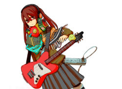 Rule 34 | 1girl, bird, brown eyes, brown hair, cable, cellphone, chick, closed mouth, electrical outlet, flip phone, glasses, grey skirt, guitar, hair between eyes, headphones, instrument, long hair, long sleeves, original, phone, pleated skirt, polka dot, poncho, saitamax, scarf, simple background, skirt, solo, twintails, vocaloid, white background